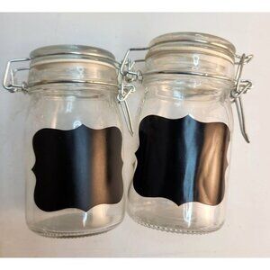 Set Of 2 Glass Chalkboard Label Jars With Hinged Lids & Metal Clamps